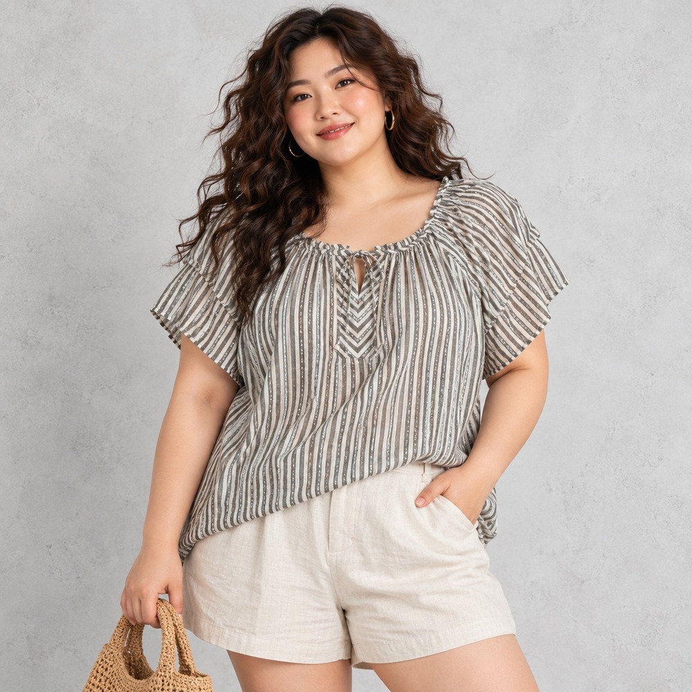 Adrienne Vittadini Womens Blouse Coastal White Silver Striped Summer Size 3X